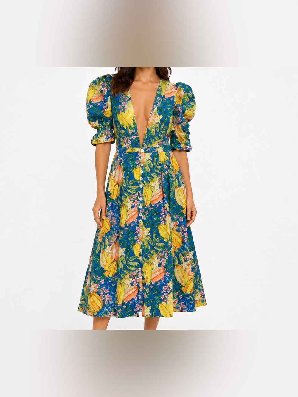NWT - FARM Rio Star Fruits Floral Midi Dress Blue Size Large